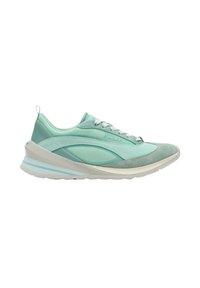 Zapatillas deportivas de color verde azulado claro con materiales de malla y ante, forma aerodinámica, suela blanca gruesa y franjas de acento azul claro. Incluyen un logo en el costado.