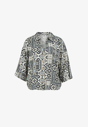 Nupuga särk pleekinud lille- ja geomeetrilise mustriga, kerge kanga, lühikeste varruke ja vabalt langeva lõikega sinise ja beeži tooni.