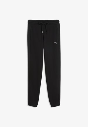 Schwarze Puma-Sweatpants mit elastischem Bund, Kordelzug, Seitentaschen, schmal zulaufenden Beinen und kleinem silbernem Puma-Logo am linken Oberschenkel.