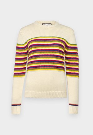 Cream-colored sweater with horizontal stripes in red, green, yellow, and blue. Features a round neckline and ribbed cuffs. Knitted texture.