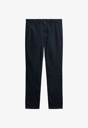 Navy blue cotton trousers with a button closure, two side pockets, and straight-leg design. Smooth texture, no visible patterns.