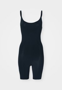 Black bodysuit with thin straps, made from smooth, stretchy fabric. It features a close-fitting design and extends to mid-thigh.
