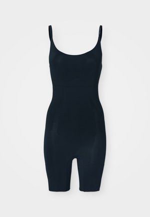 Black bodysuit with thin straps, made from smooth, stretchy fabric. It features a close-fitting design and extends to mid-thigh.