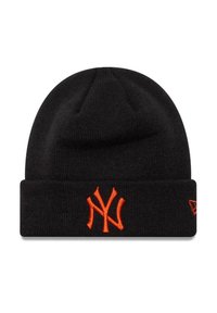 Berretto nero a maglia con risvolto, caratterizzato da un logo ricamato arancione "NY". Texture morbida e design a cima arrotondata.
