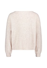 Cremefarbener Pullover mit einer weichen, strukturierten Oberfläche. Verfügt über einen weiten Ausschnitt, überschnittene Schultern und gerippte Bündchen und Saum.