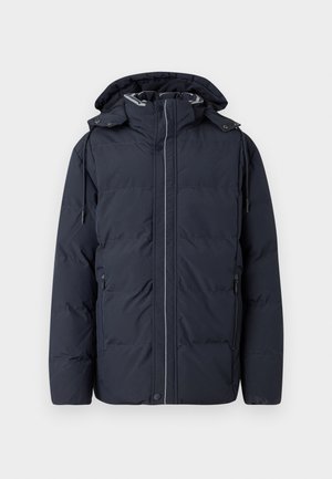 Navy puffer jacket with a hood, featuring a front zipper, side pockets, and contrasting stitching. Textured fabric with insulated padding.