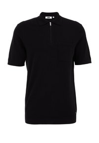 Black short-sleeve polo shirt with a quarter-zip, a chest pocket, and a ribbed collar and hem. Smooth knit texture. Minimalistic design.