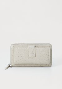 Light beige wallet with a textured finish, featuring raised dots, a front flap, and a zip closure with a silver-tone hardware accent.