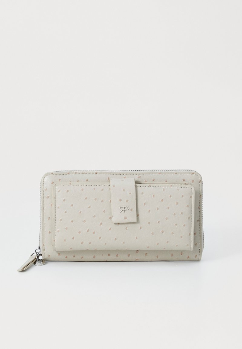 Light beige wallet with a textured finish, featuring raised dots, a front flap, and a zip closure with a silver-tone hardware accent.