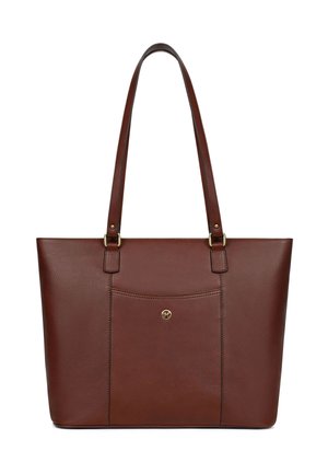 Borsa tote in pelle marrone con manici lunghi, tasca frontale e piccolo dettaglio logo circolare dorato.