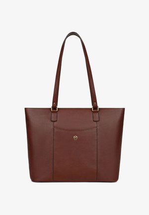 Bruine leren tote bag met lange handvatten, voorvak en klein goudkleurig rond logodetail.