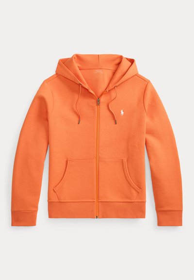 Orange zip-up hoodie with front pockets, drawstring hood, and small white Polo logo on the left chest, laid flat on a white background.