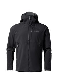 Giacca softshell nera con cappuccio, caratterizzata da tasche con cerniera, una texture liscia e cuciture a contrasto all'orlo e ai polsini.