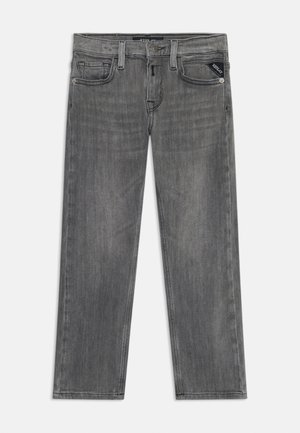 Graue Jeans aus Denim mit geradem Schnitt, ausgestattet mit einer gewischten Optik, Fünf-Taschen-Design und einem gewebten Etikett an der Vorderseite der Tasche.