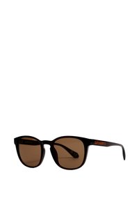 Gafas de sol con tinte marrón y montura negra. Presentan un destacado logo naranja de "SUPERDRY" en la varilla. Diseño suave y ligero.