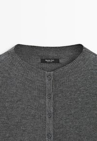 Gray ribbed knit cardigan with a round neckline and seven black buttons down the front. Tag reads "Massimo Dutti, Made in China."