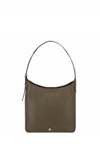 Braune Leder-Umhängetasche mit abgerundetem Oberteil, glatter Textur, verstellbarem Riemen und dezentem silbernen Hardware-Akzent auf der Vorderseite.