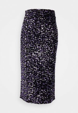 Black pencil skirt covered in densely packed shiny purple and silver sequins, knee-length, with a high waist.