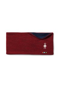 Gaiter de cou en laine rouge avec une doublure intérieure bleu marine, arborant un petit logo de robot blanc et une rangée de cinq rectangles colorés sur un côté.