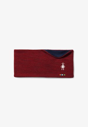 Collare in lana rossa con fodera interna blu navy, dotato di un piccolo logo di robot bianco e una fila di cinque rettangoli colorati su un lato.