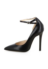 Pompa nera in pelle con tacco alto, punta affusolata, cinturino alla caviglia e tacco a stiletto. Texture liscia, design minimal e interno in contrasto.