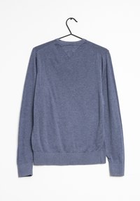 Long-sleeve sweater in heathered blue fabric. Features a crew neckline, ribbed cuffs, and hem, with a smooth texture and no visible patterns.
