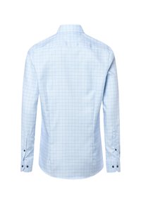 Lichtblauw overhemd met lange mouwen en een geruit patroon, voorzien van een button-down kraag en manchetten. Soepele stoftextuur, nauwsluitende pasvorm.