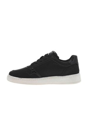 Sorte sneakers med en glat tekstiloverdel, blanke detaljer og en hvid gummisål. Har en snørebåndsdesign og minimalistisk stil.