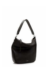 Musta nahkainen käsilaukku, jossa on pehmeä, pyöreä muoto, yksi sileä kahva ja vetoketjusuljin hopeisilla metallikoristeilla.