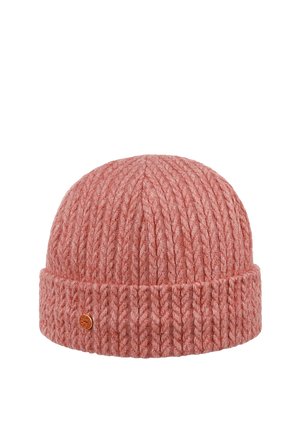 Pink knitted beanie hat with folded brim and small round brown logo tag on the cuff, isolated on white background.