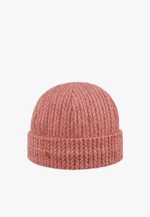 Pink knitted beanie hat with folded brim and small round brown logo tag on the cuff, isolated on white background.
