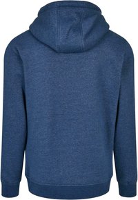 Felpa blu realizzata in tessuto morbido e testurizzato. Presenta una cucitura centrale, polsini e orlo a costine. Include un cappuccio spazioso e foderato doppio.