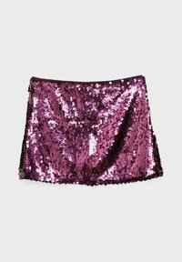 Lśniaca różowa mini spódnica z cekinów, z gładkim materiałem z tyłu, o prostym kroju i linii dołu, która znajduje się powyżej kolana.