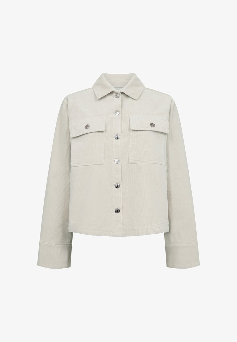 Ljusbeige kordjacka med krage, framknappstängning och två bröstfickor. Har silverfärgade knappar och långa ärmar.