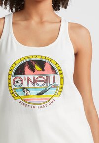 White tank top featuring a colorful graphic design with "O'Neill" text. The illustration includes a surfer, palm trees, and a sun.