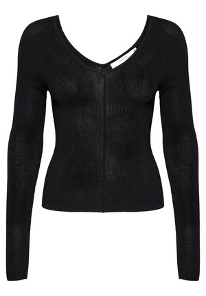 Black long-sleeve top made from ribbed knit fabric, featuring a deep V-neck design and a fitted silhouette with a center zipper closure.