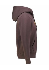 Felpa con cappuccio di colore marrone scuro con tasca a marsupio. Presenta un cappuccio con cordino e polsini a coste per una vestibilità aderente. Design minimalista.