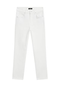 Jean blanc à jambe droite avec bouton et zip à l'avant, cinq poches et une étiquette de marque noire sur la ceinture.