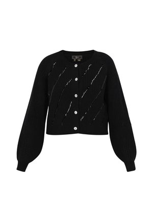 Juoda trumpa kardiganas su tekstūruotu mezgimo dizainu, dekoruota blizgančiomis pailgomis ir dideliais mygtukais priekyje. Įtrauktos balioninės rankovės.