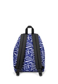 Blue backpack with a geometric white pattern, black straps, and a top handle for carrying. Sturdy fabric with a structured shape.