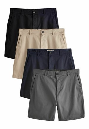 Vier Paar Herren-Casual-Shorts in Schwarz, Beige, Navyblau und Grau, jeweils mit Knopf und Gürtelschlaufen.
