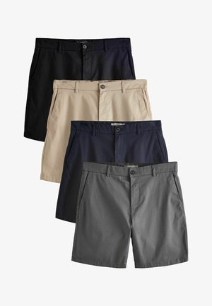 Fire par casual herreshorts i sort, beige, marineblå og grå, hver med knap og bæltestropper.