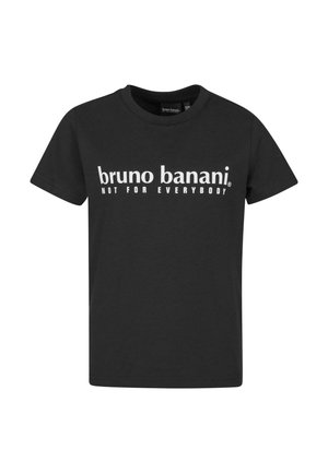 Black cotton t-shirt featuring white text that reads "bruno banani NOT FOR EVERYBODY" in a bold sans-serif font. Short sleeves, classic fit.