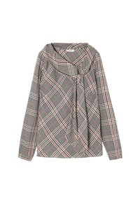 Gråternet bluse med draperet halsudskæring og bindebånd foran. Har røde og sorte detaljer i mønsteret. Lange ærmer.