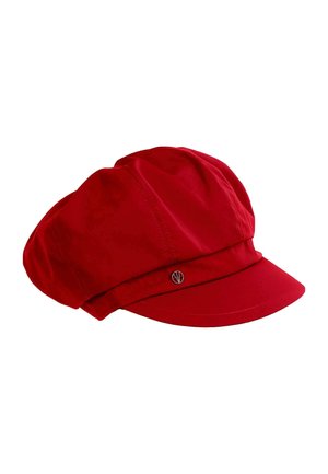 Red newsboy cap with a short curved brim and a small silver decorative button on the band above the brim.
