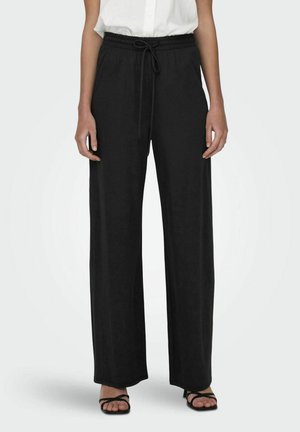 Pantalons larges noirs avec une taille élastique et un cordon de serrage. Tissu doux avec des poches latérales et une coupe ample pour le confort.
