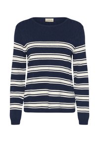 Tumesinine ja kreemjas triibuline sviiter pikade varrukatega, ümmarguse kaelusega ja tekstuurse kudumismustriga. Omab horisontaalseid triibu ja soonikuga äärt.