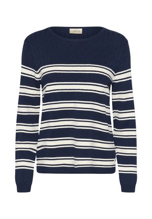 Tengerészkék és krémszínű csíkos pulóver hosszú ujjal, kerek nyakkivágással és texturált kötött mintával. Jellemzője a vízszintes csíkok és a bordázott alj.