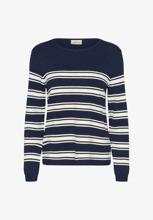 Tengerészkék és krémszínű csíkos pulóver hosszú ujjal, kerek nyakkivágással és texturált kötött mintával. Jellemzője a vízszintes csíkok és a bordázott alj.