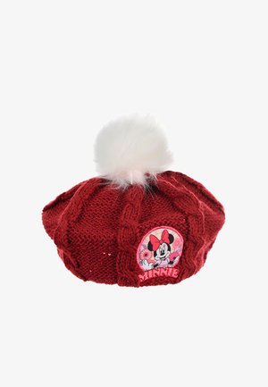 Red knitted hat with cable patterns, topped with a large white pom-pom, featuring a Minnie Mouse patch and floral design.